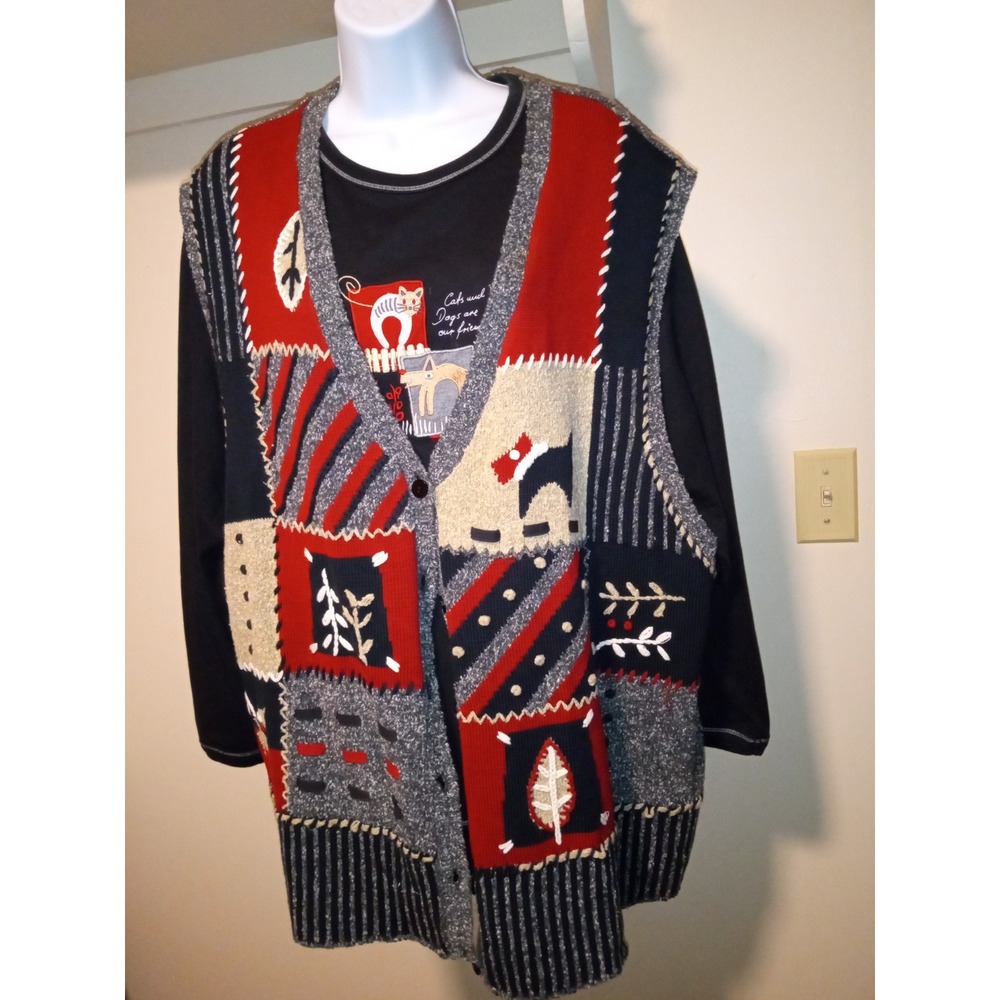 Vintage‎ Patchwork Knit Sweater Vest & Long Sleeve Top Set Cats Dogs Red Navy